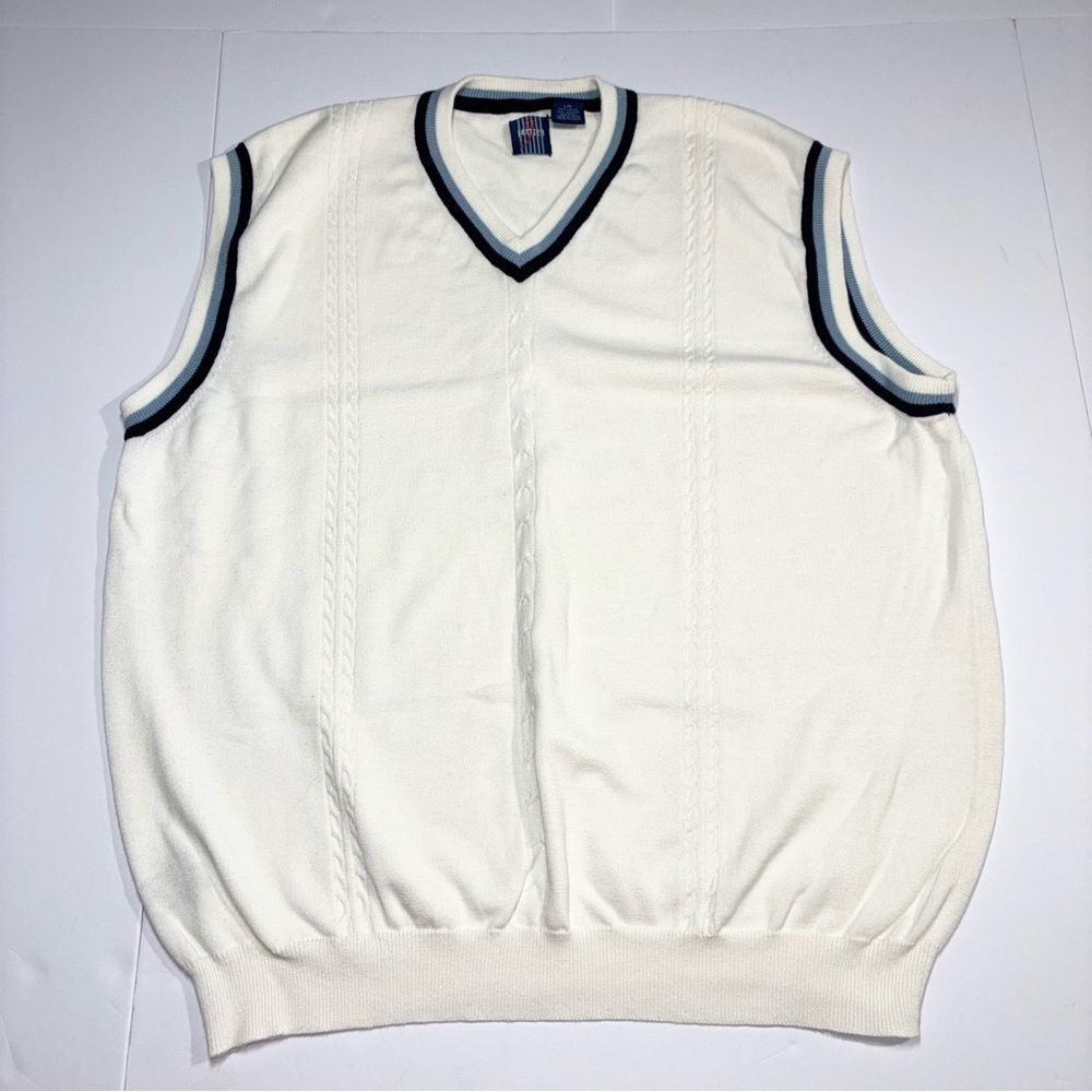 Jantzen Vintage V-Neck Cotton Sweater Vest White Blue Trim Cable knit Large
